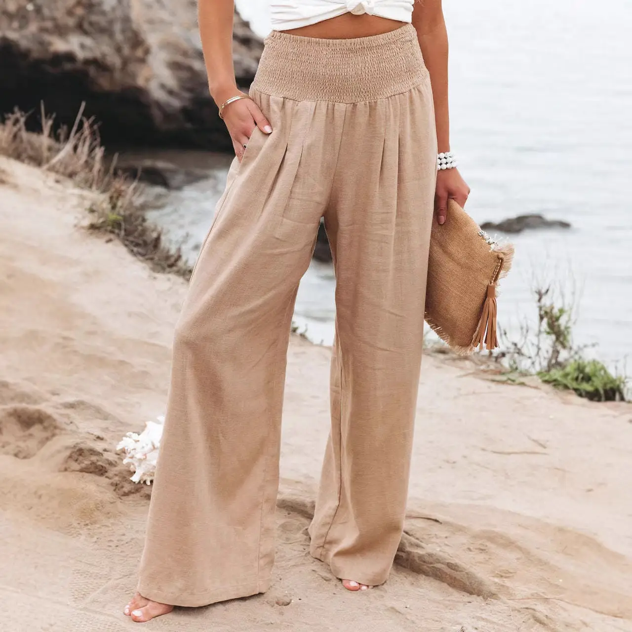 2022 White Wide Leg Cotton Linen Trouser for Women - Image 14