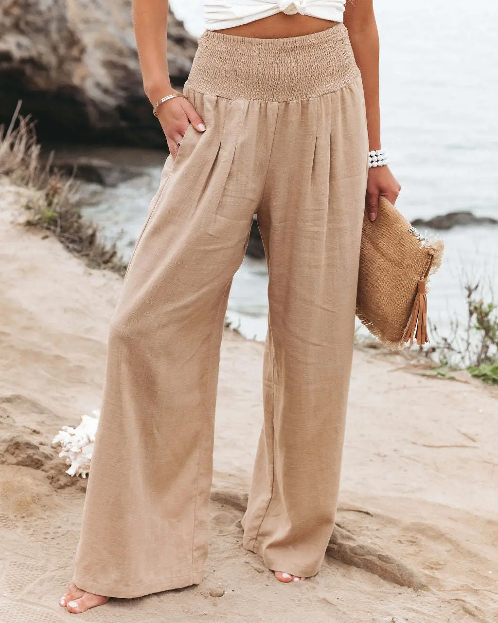 2022 White Wide Leg Cotton Linen Trouser for Women - Image 6