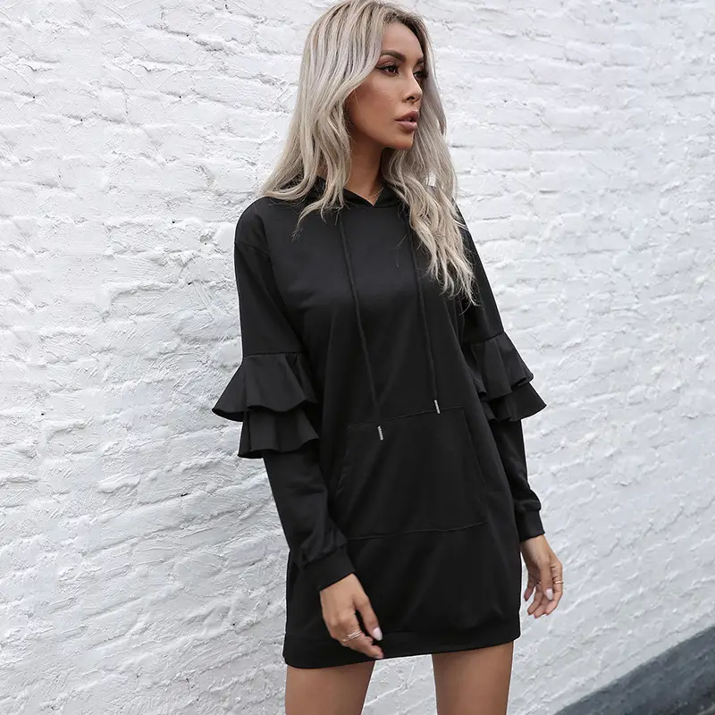 Black Long Sleeve Hooded Skirt for Women - Image 2