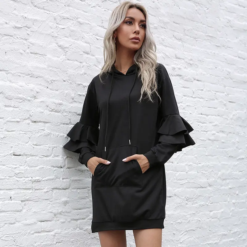 Black Long Sleeve Hooded Skirt for Women - Image 3