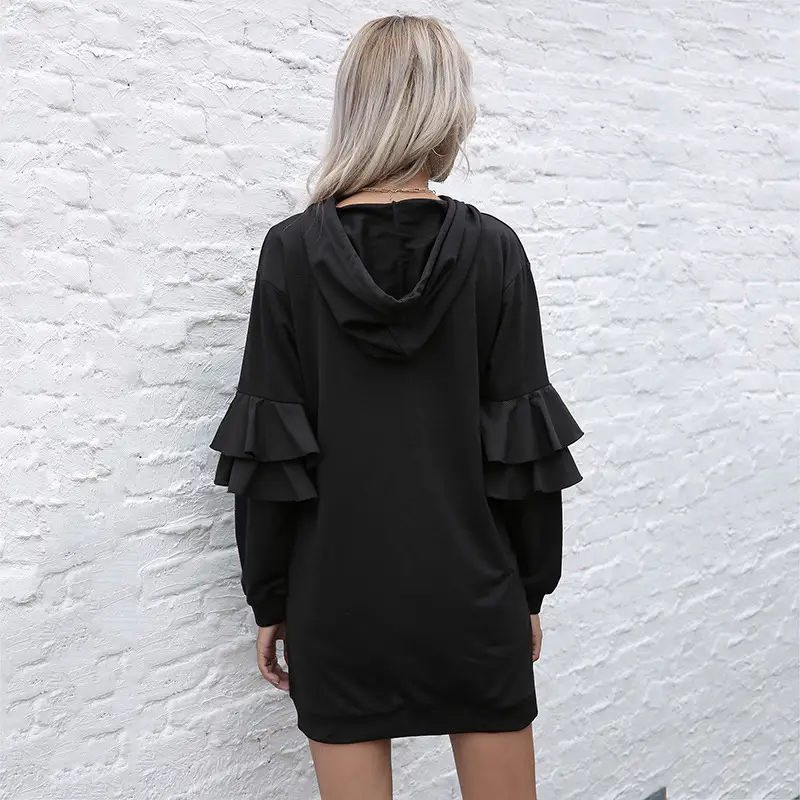 Black Long Sleeve Hooded Skirt for Women - Image 4
