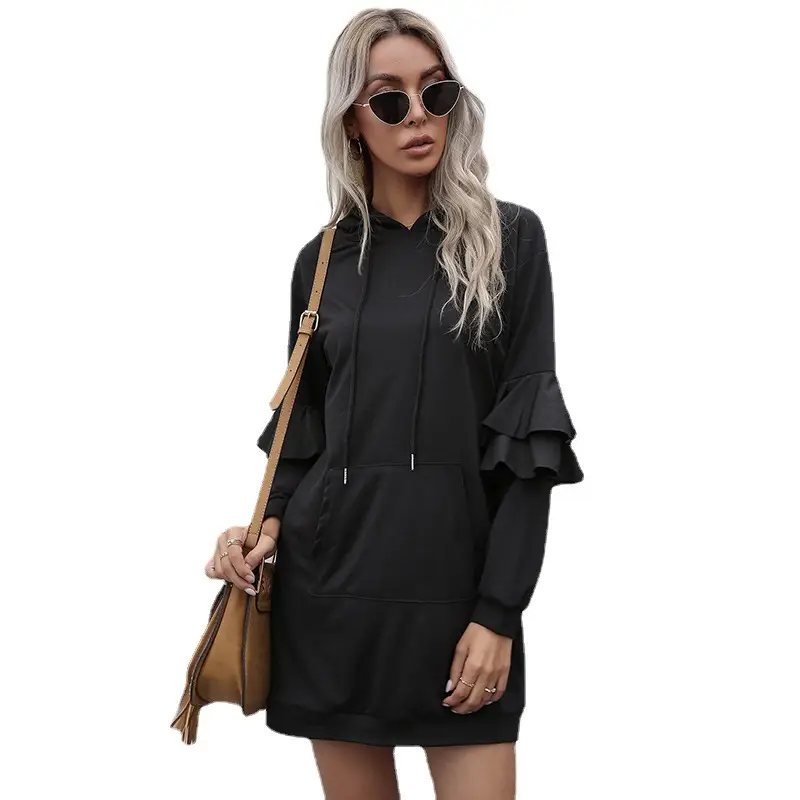 Black Long Sleeve Hooded Skirt for Women - Image 5