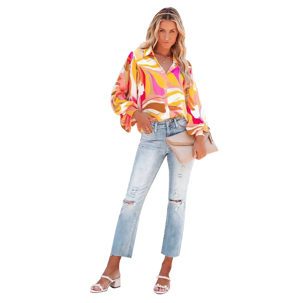 Women Printed Lantern Sleeve Cardigan Multi Color — feature 7