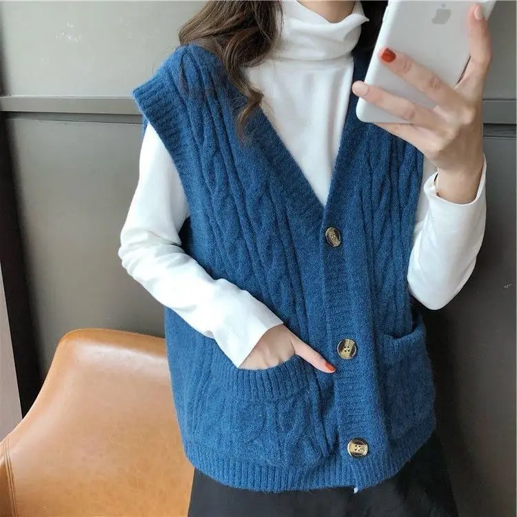 Women's Blue Wool Sleeveless Vest Large Winter Wear