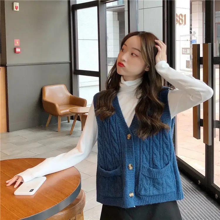 Women's Blue Wool Sleeveless Vest Large Winter Wear — feature 13