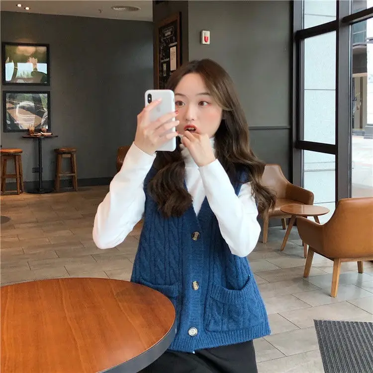 Women's Blue Wool Sleeveless Vest Large Winter Wear — feature 14