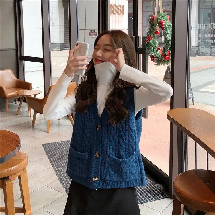 Women's Blue Wool Sleeveless Vest Large Winter Wear — feature 15
