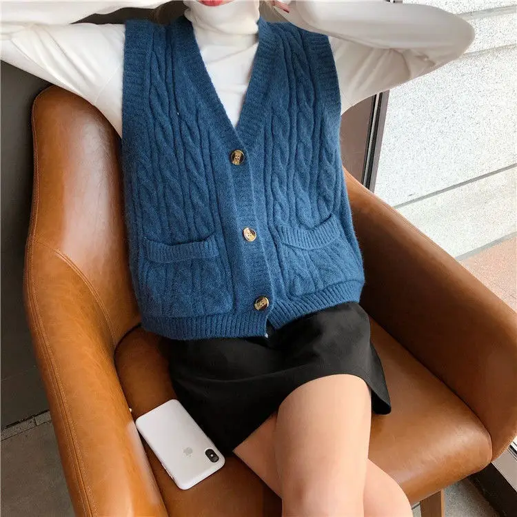 Women's Blue Wool Sleeveless Vest Large Winter Wear — feature 16