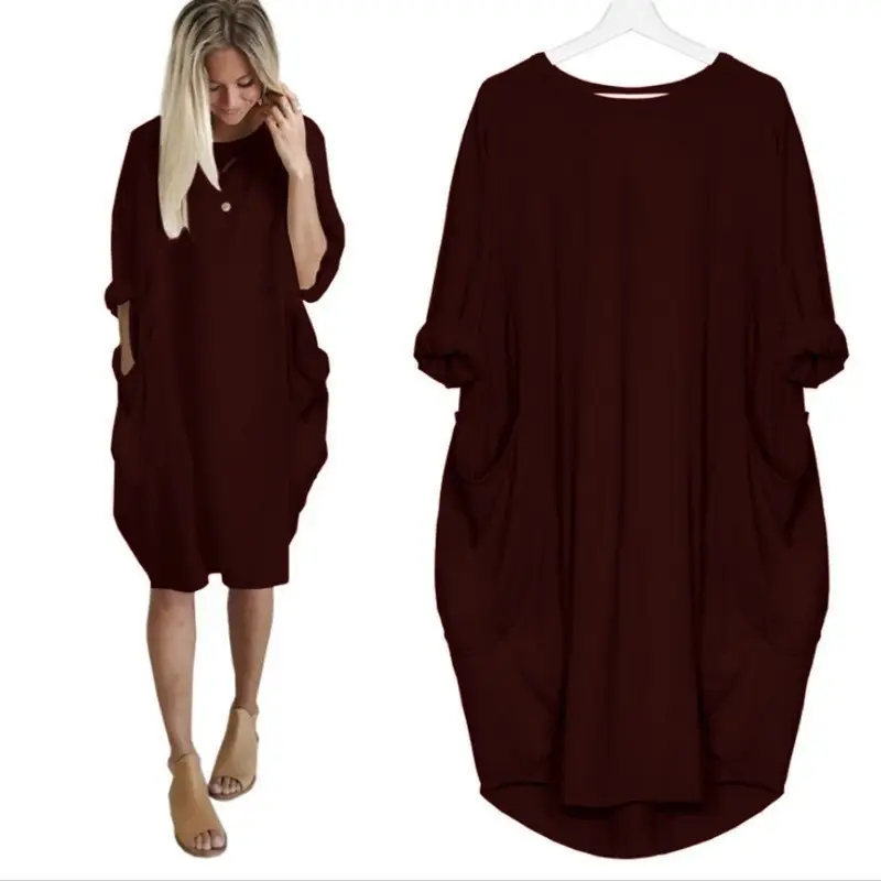 Women's Brown Round Neck Plus Size Skirt Dress - Image 9