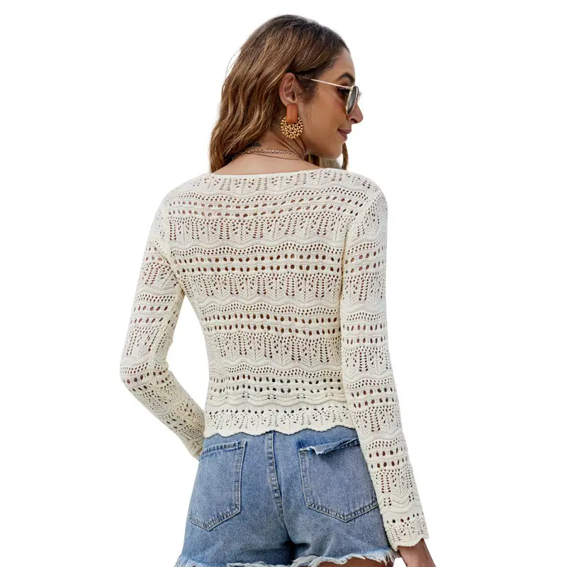 Spring Knitted Hollow Blouse V-Neck Drawstring Sunscreen - Image 8