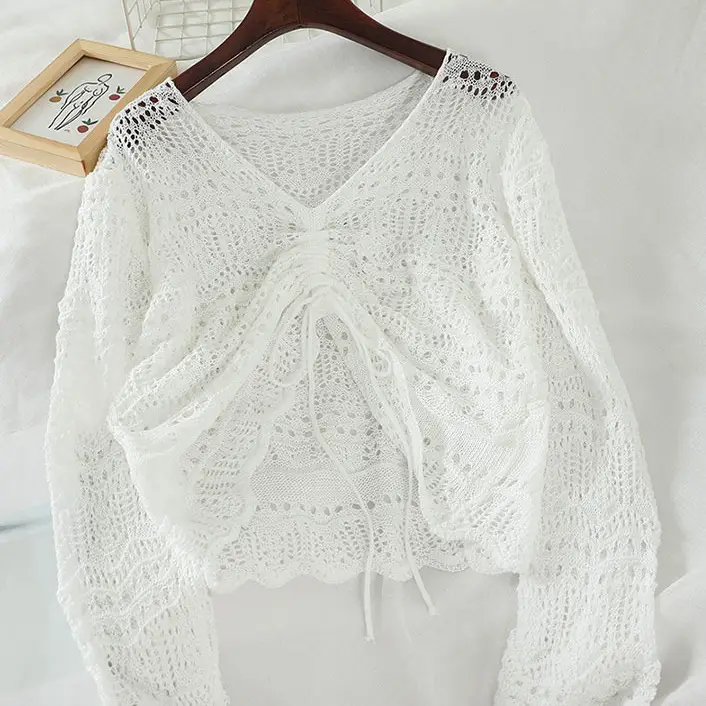 Spring Knitted Hollow Blouse V-Neck Drawstring Sunscreen - Image 10