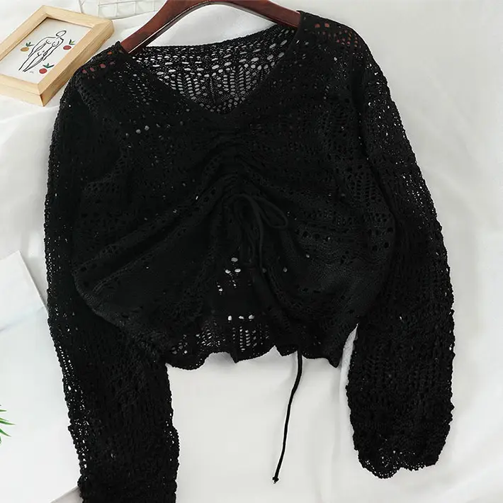Spring Knitted Hollow Blouse V-Neck Drawstring Sunscreen - Image 2