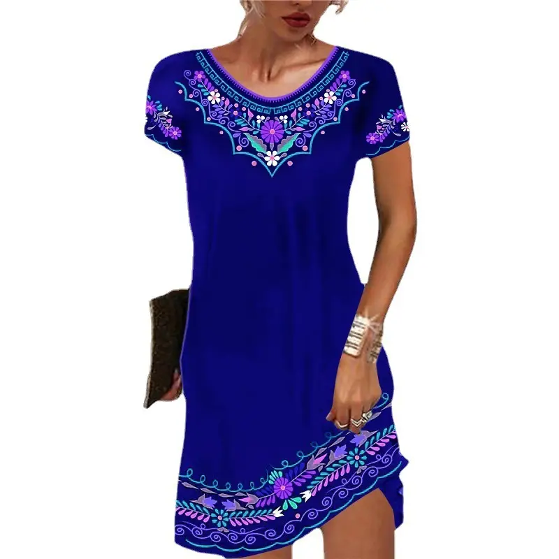 2022 Printed Mid-Waist Summer Dress Black Short Sleeve