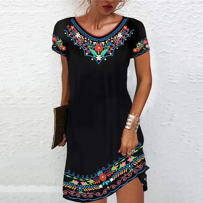 2022 Printed Mid-Waist Summer Dress Black Short Sleeve