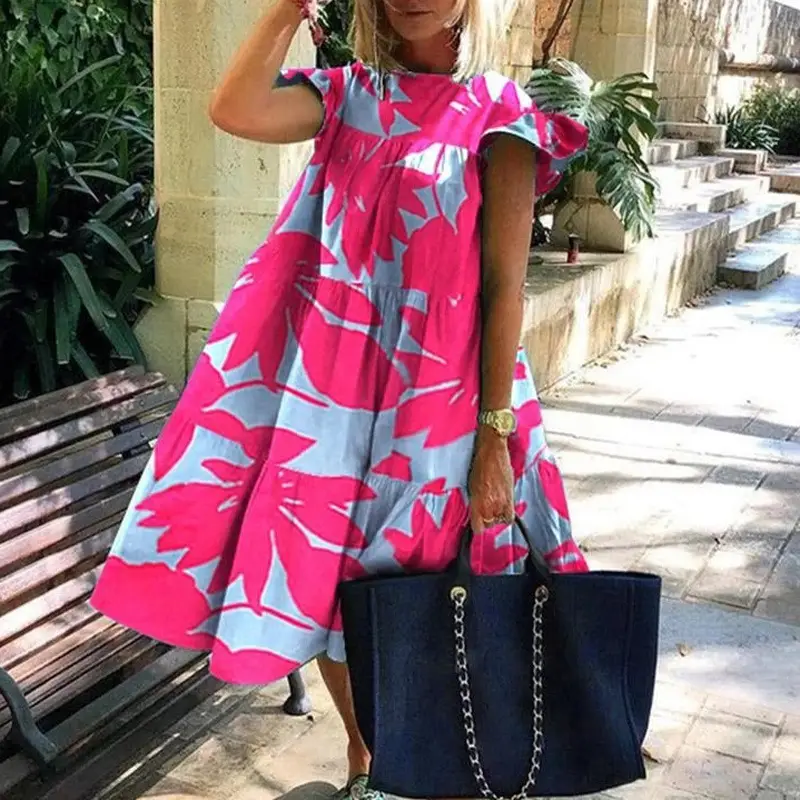 Women Summer Tie Dye Dress Blue White Large Size - Image 14