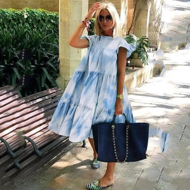 Women Summer Tie Dye Dress Blue White Large Size - Image 12