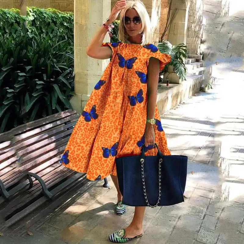 Women Summer Tie Dye Dress Blue White Large Size - Image 9