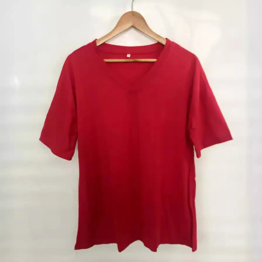 Red Loose V-Neck Cotton Top for Women - Image 21