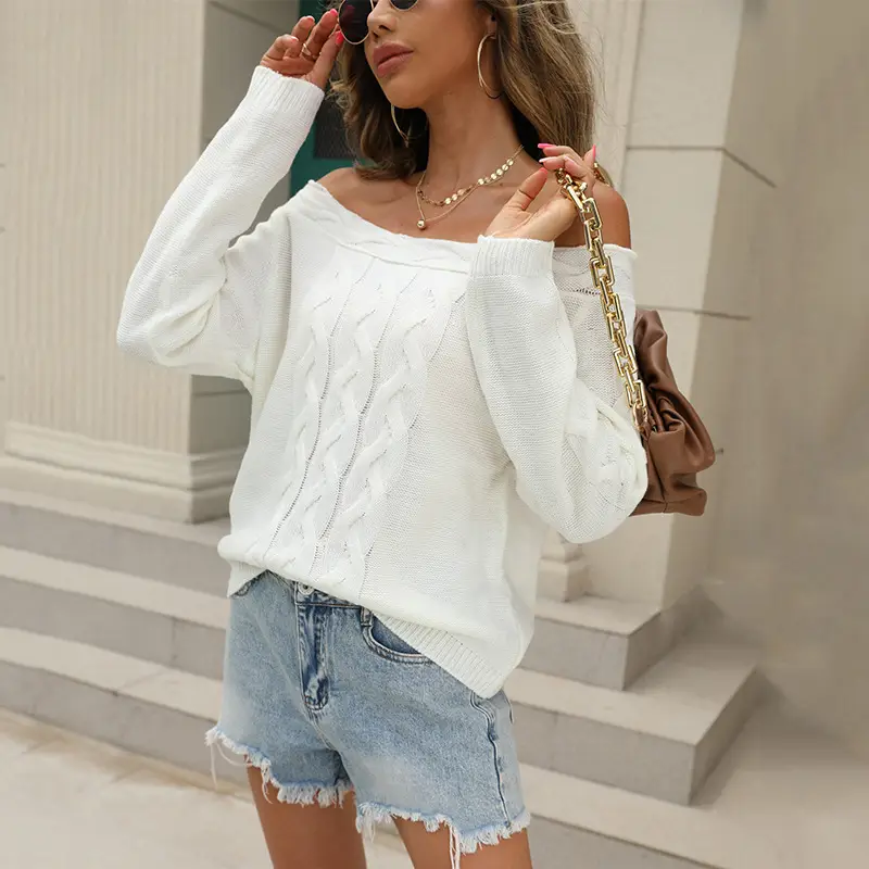 Off-Shoulder Knitted Pullover Sweater Women White - Image 7