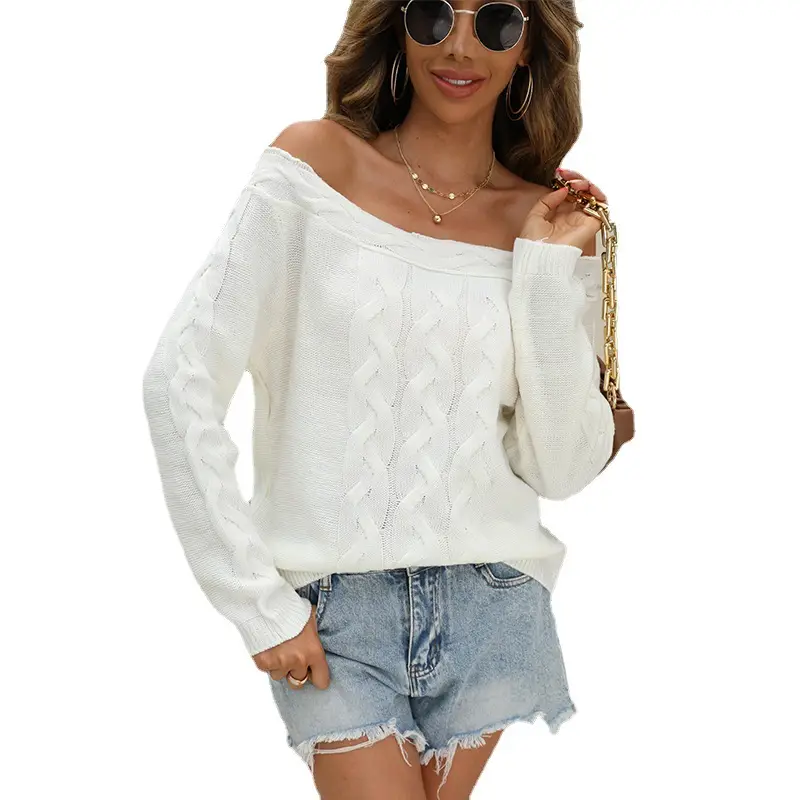 Off-Shoulder Knitted Pullover Sweater Women White - Image 8