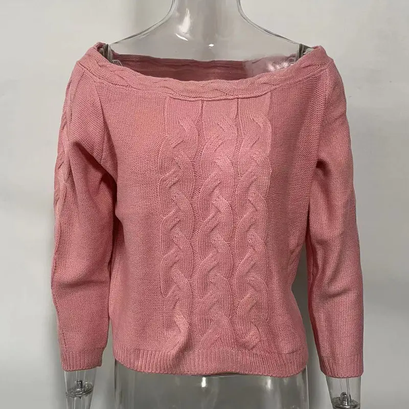 Off-Shoulder Knitted Pullover Sweater Women White - Image 2