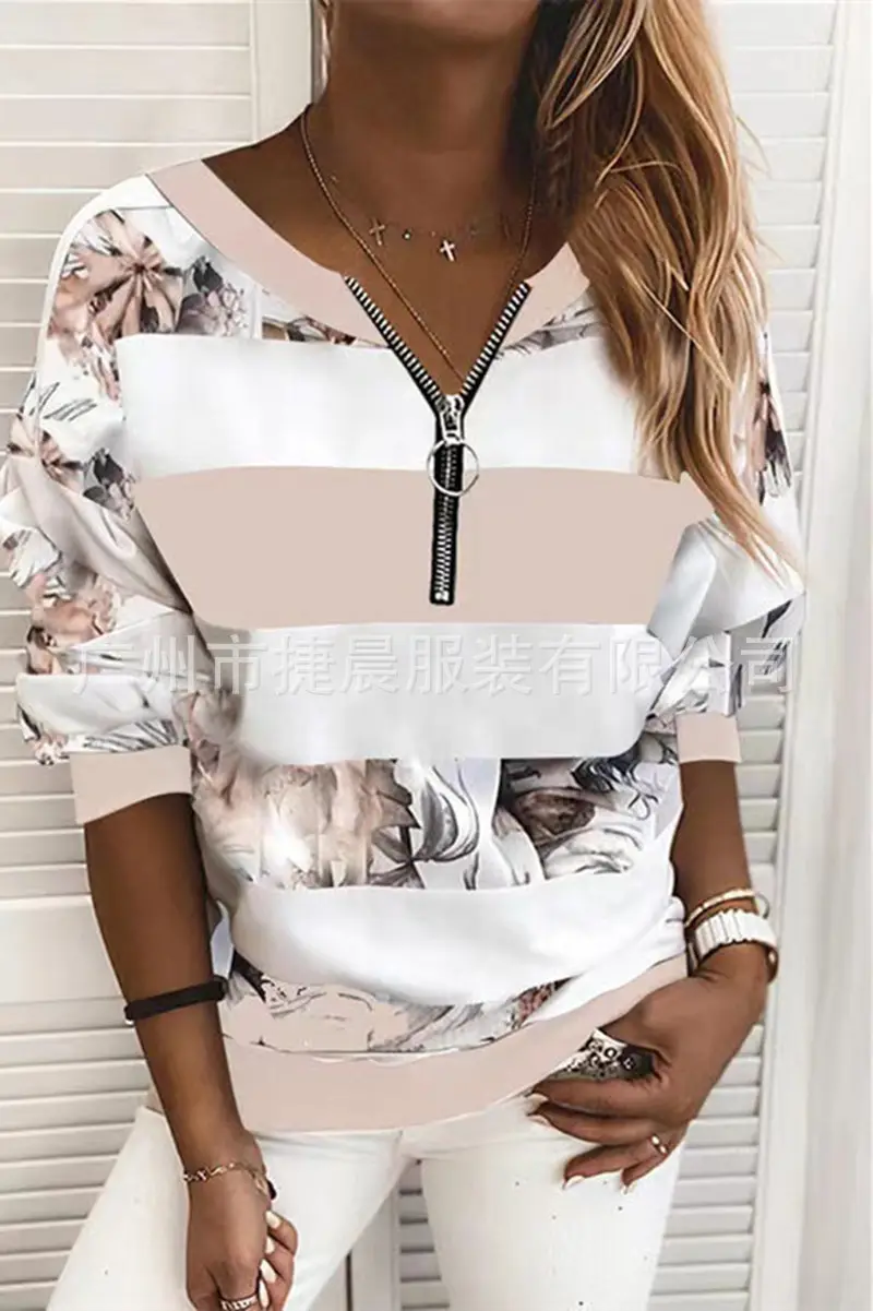 2022 V-Neck Zipper Sweater Women Loose Casual Wear - Image 3