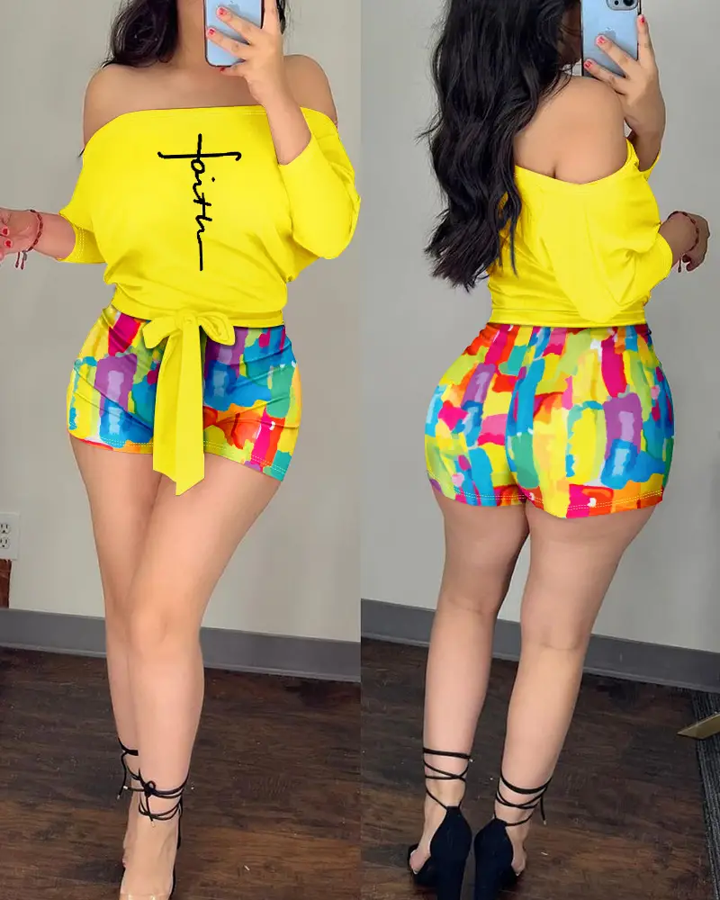 2022 Printed One-shoulder Shorts Suit Orange Blue - Image 8