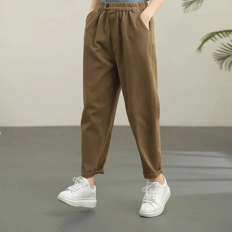 Women Brown Cropped Radish Pants Autumn Slimming