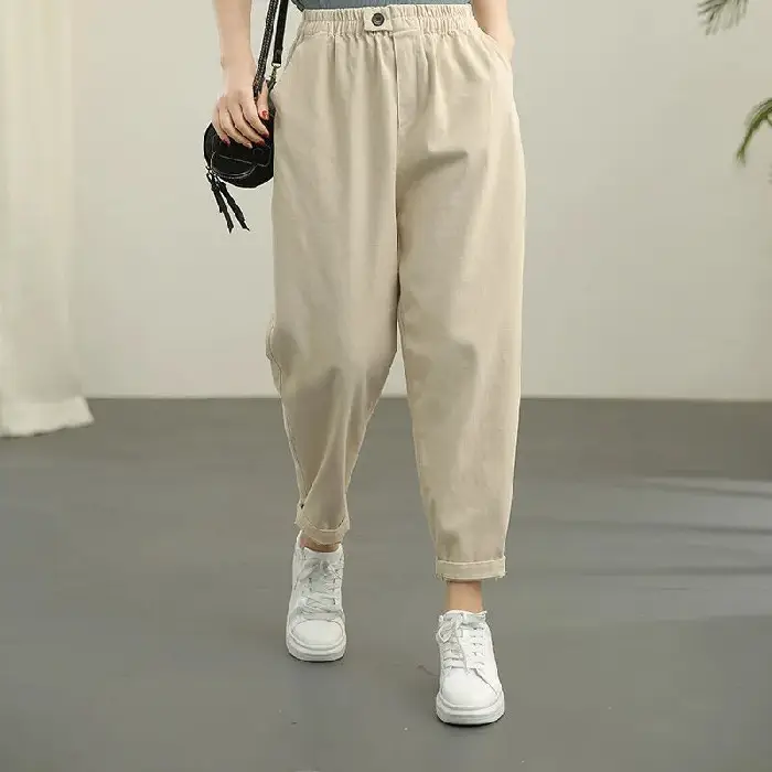 Women Brown Cropped Radish Pants Autumn Slimming