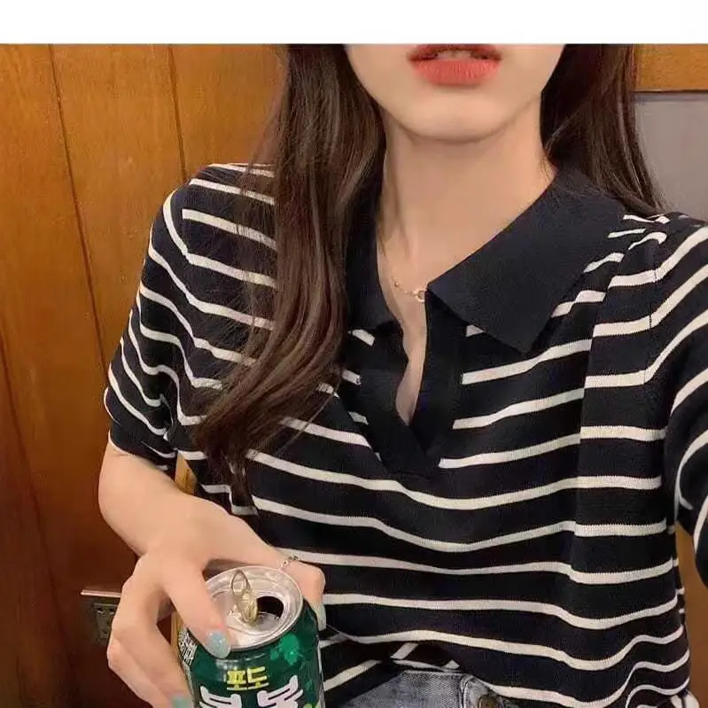 Striped Polo Collar T-Shirt for Women - Image 7