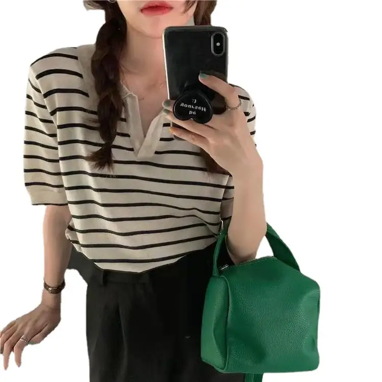 Striped Polo Collar T-Shirt for Women - Image 8