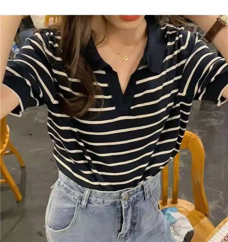 Striped Polo Collar T-Shirt for Women — feature 10