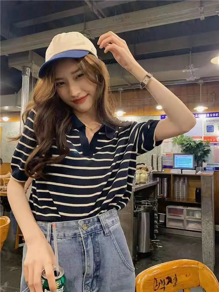 Striped Polo Collar T-Shirt for Women — feature 12
