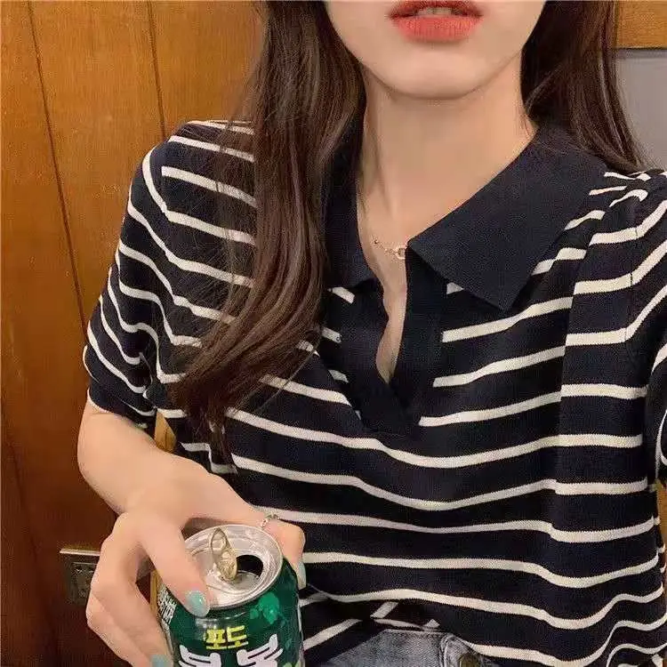 Striped Polo Collar T-Shirt for Women — feature 14