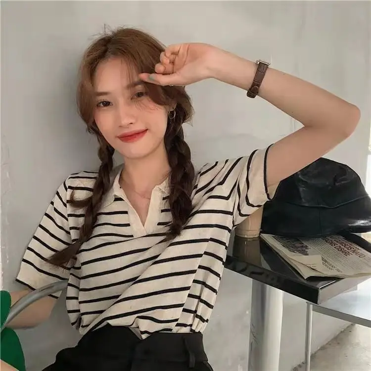 Striped Polo Collar T-Shirt for Women — feature 17