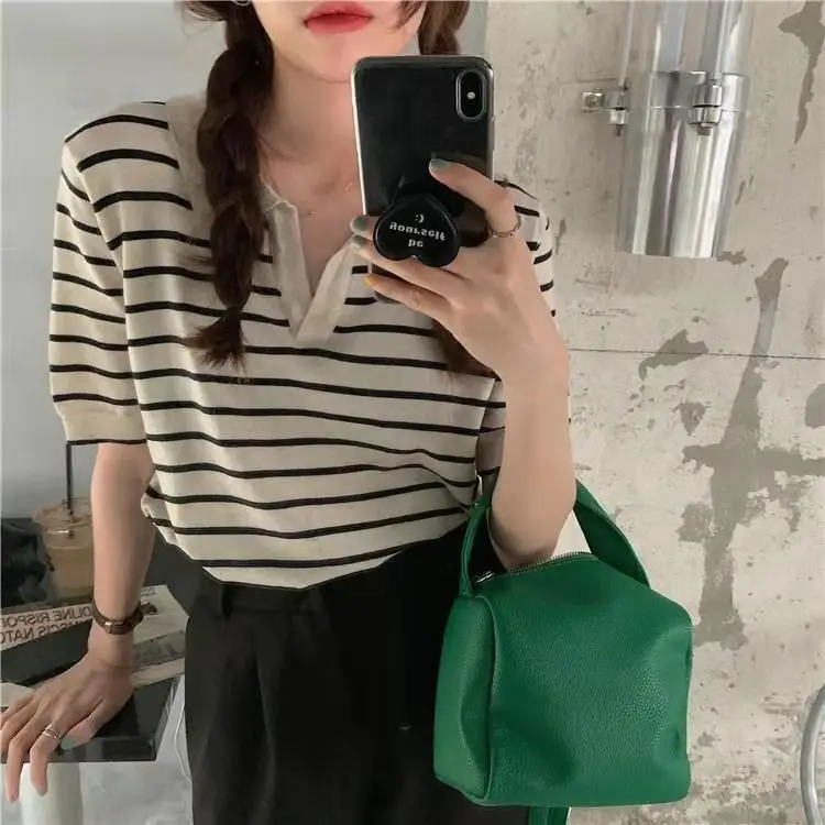 Striped Polo Collar T-Shirt for Women — feature 18