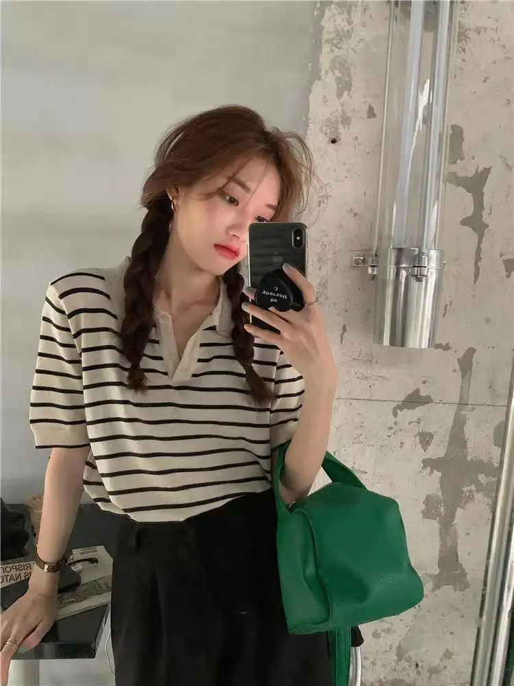 Striped Polo Collar T-Shirt for Women — feature 19