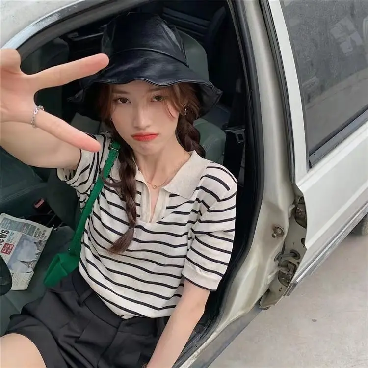 Striped Polo Collar T-Shirt for Women — feature 21