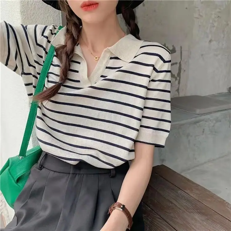 Striped Polo Collar T-Shirt for Women — feature 22