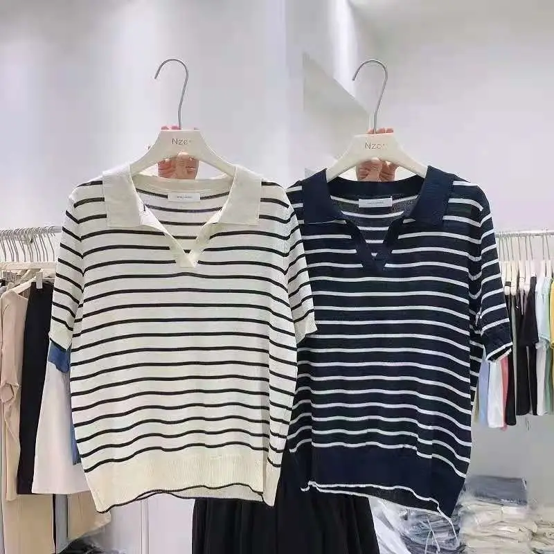 Striped Polo Collar T-Shirt for Women — feature 25
