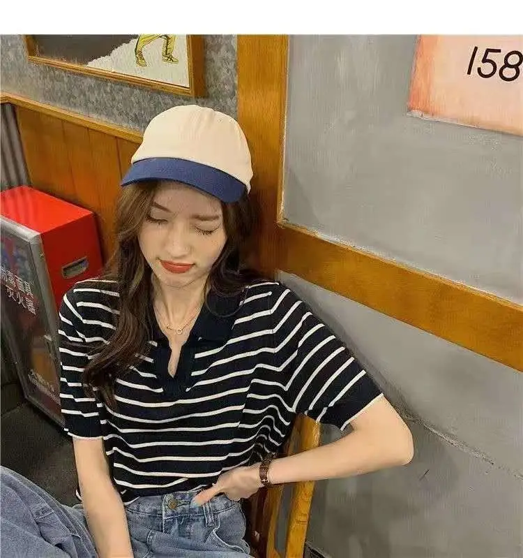 Striped Polo Collar T-Shirt for Women — feature 26