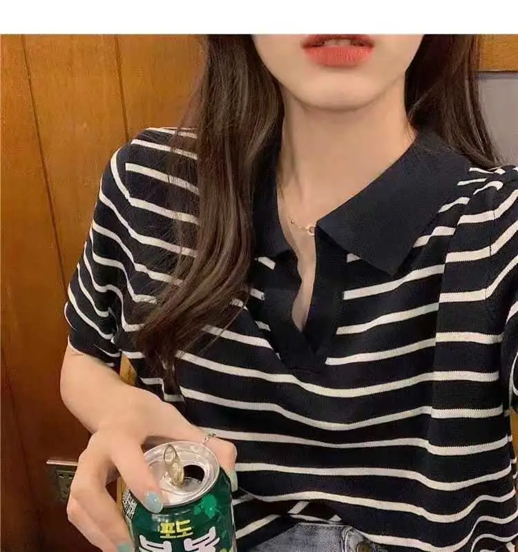 Striped Polo Collar T-Shirt for Women — feature 27