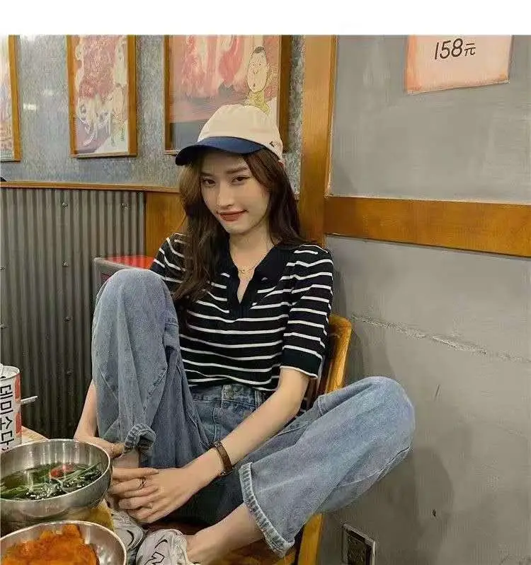 Striped Polo Collar T-Shirt for Women — feature 5