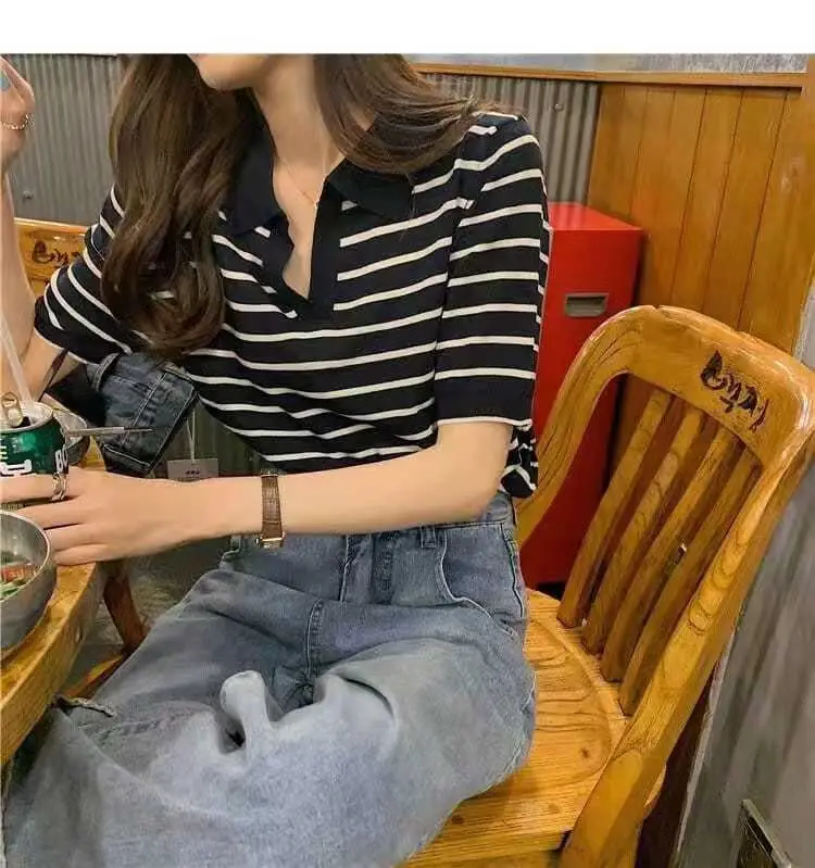 Striped Polo Collar T-Shirt for Women — feature 6