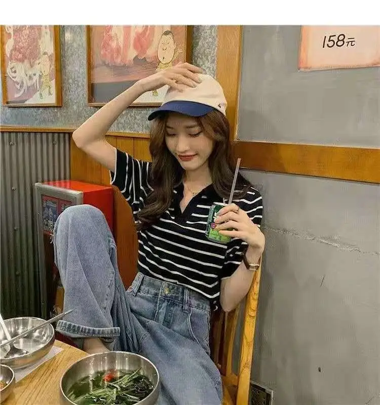 Striped Polo Collar T-Shirt for Women — feature 7