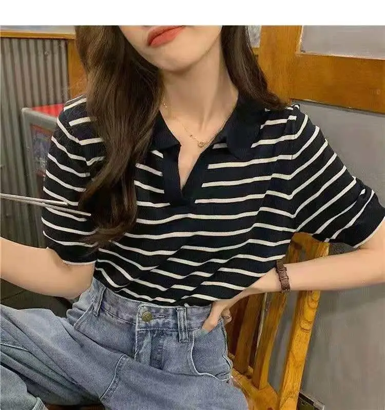 Striped Polo Collar T-Shirt for Women — feature 8