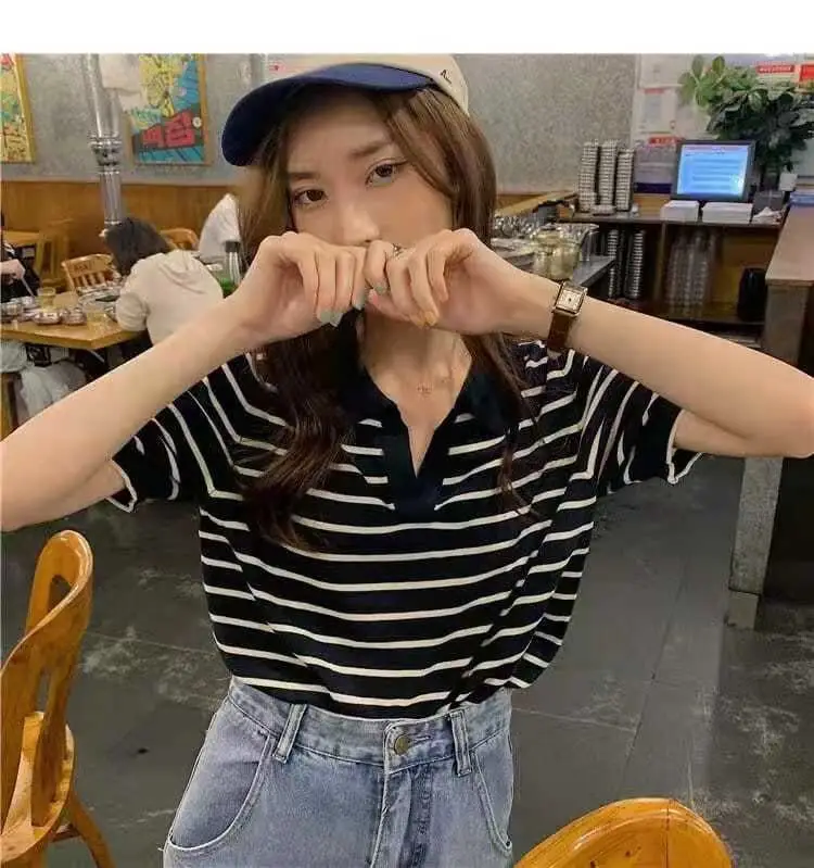 Striped Polo Collar T-Shirt for Women — feature 9