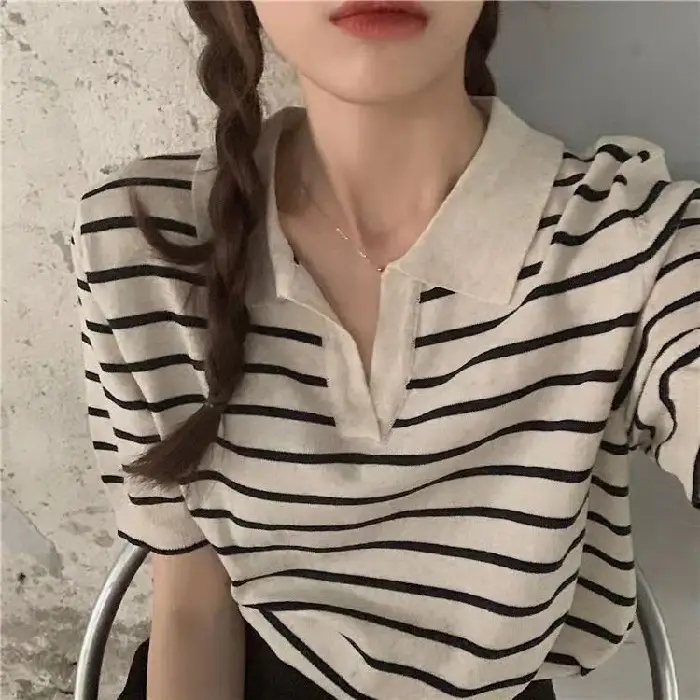 Striped Polo Collar T-Shirt for Women - Image 2