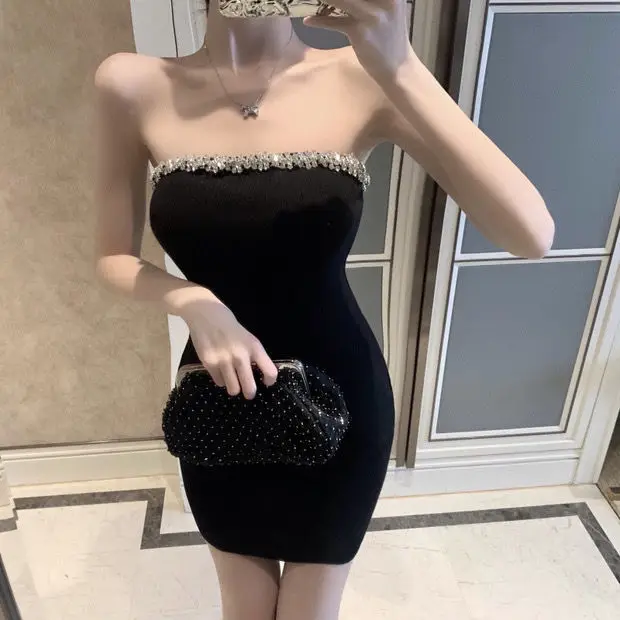 Black Rhinestone Tube Top Dress with Waist Tight Hip Wrapped Short Skirt - Image 2