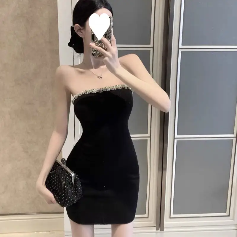 Black Rhinestone Tube Top Dress with Waist Tight Hip Wrapped Short Skirt - Image 5